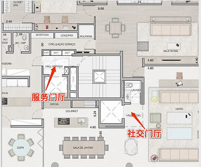 服务门厅连接佣人房,宠物房,厨师厨房 ▼