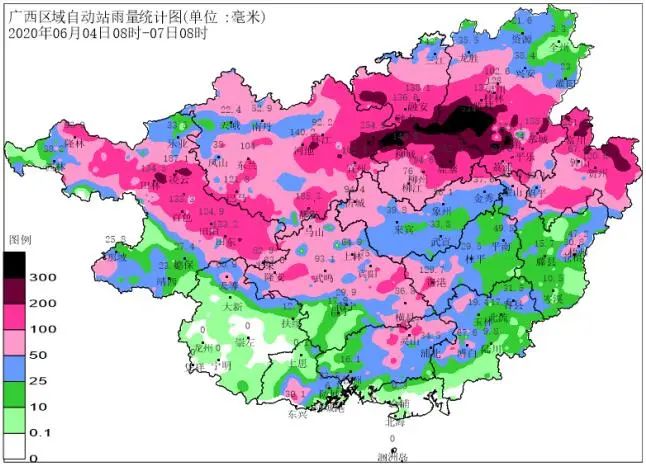 据统计,6月4日08时至7日08时,降雨量超过300毫米有桂林,柳州,河池3个