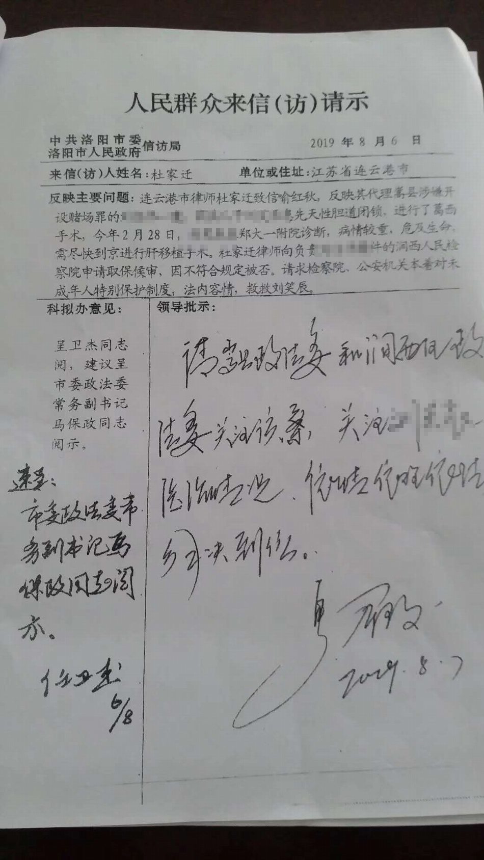 洛阳在押父亲急求割肝救子,当地政法委领导批示后迟迟未解决