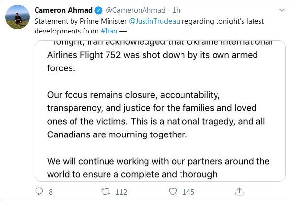伊朗承认击落客机后，特鲁多、泽连斯基发声明