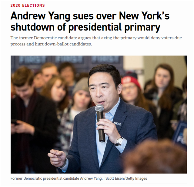 取消总统初选后，纽约州被退选的杨安泽起诉了