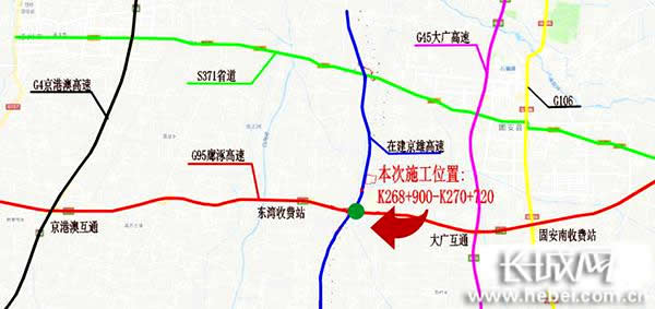 5月20日起京雄高速东湾枢纽互通跨接廊涿高速施工