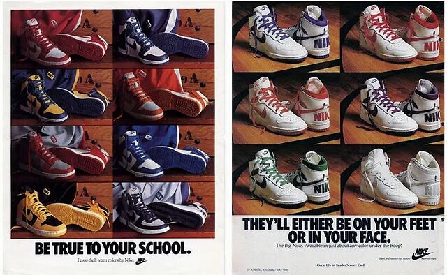 nike 篮球鞋,比如 1985 年的初代 dunk 和 dunk 海报里面右下角的那双