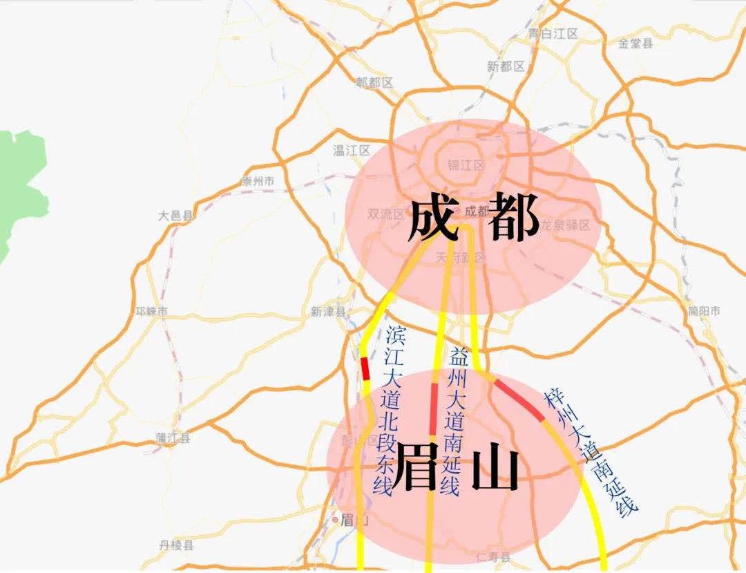 加快了成眉间3条城际快速通道(益州大道南延线,梓州大道南延线,滨江