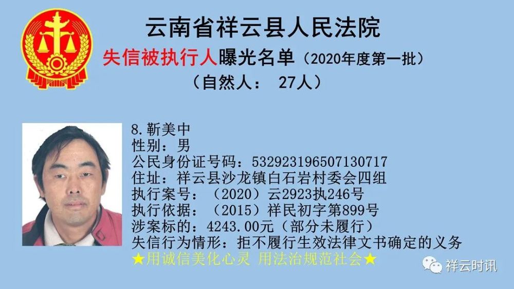 大理祥云县人民法院曝光一批失信被执行人名单