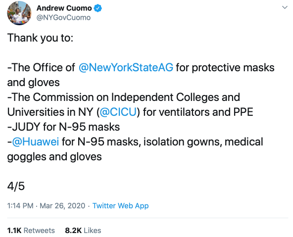 危急时刻，华为向纽约州捐赠抗疫物资