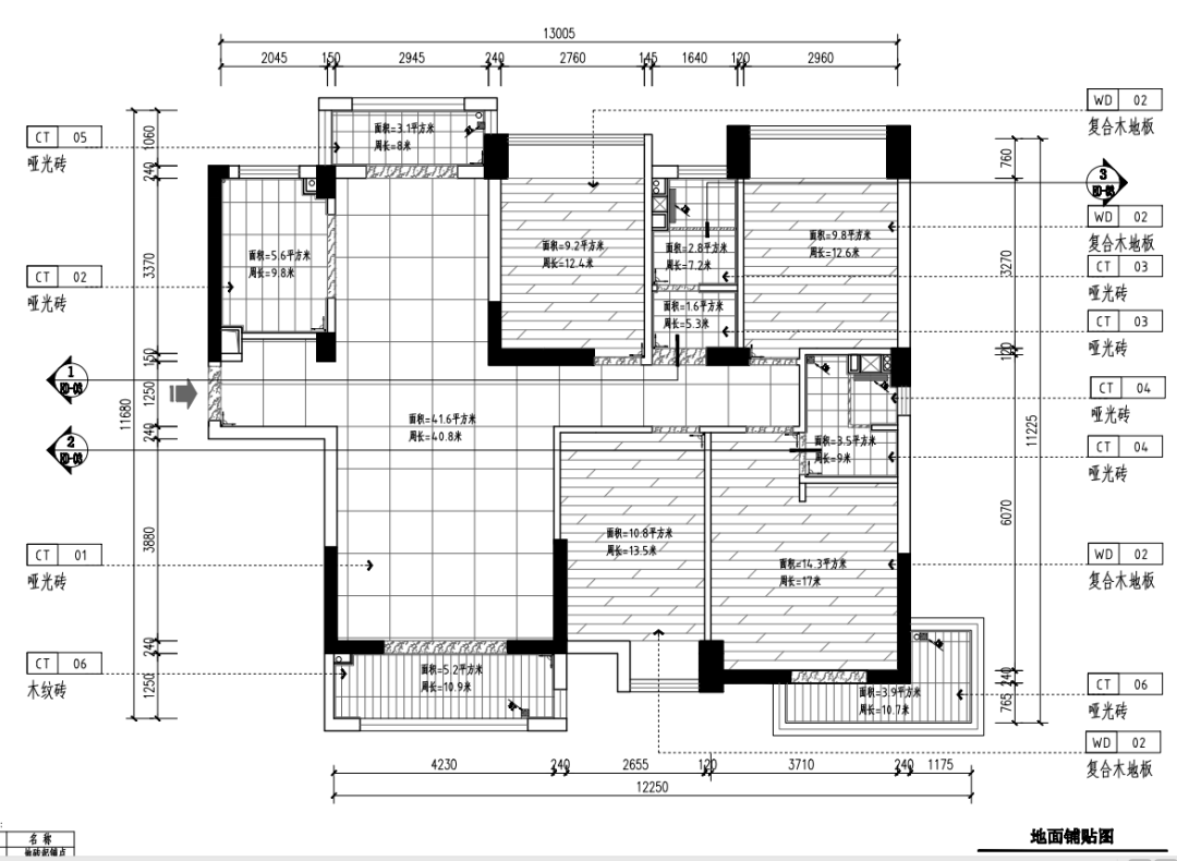 平面上,有贴砖图,天花造型图,水电图,开关插座布置图,家具尺寸图