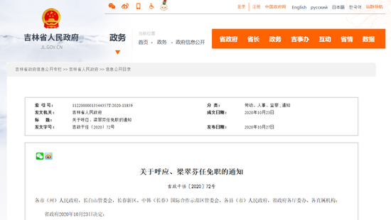 吉林省政府公布呼应、梁翠芬任免职通知（最新发布）
