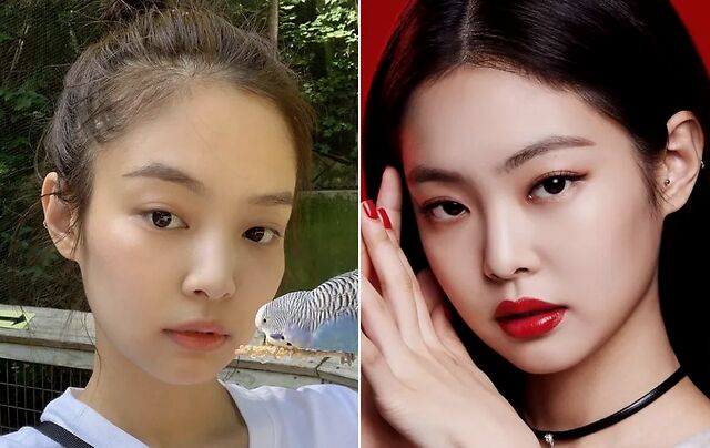 jennie 妆容亮点 在讲 jennie 的妆容前,先放一张素颜妮和上妆妮的