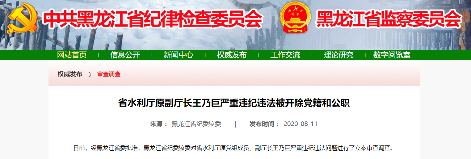 严重违纪违法!黑龙江省水利厅原副厅长王乃巨被开除党籍和公职