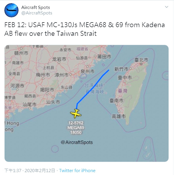 spots"披露,美军两架mc-130j特战运输机12日沿"台湾海峡中线,由北