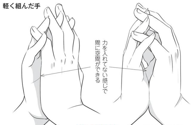 双手交叉,中间留空,可以弧线来理解,在指尖和关节处画出弧线,增强空间