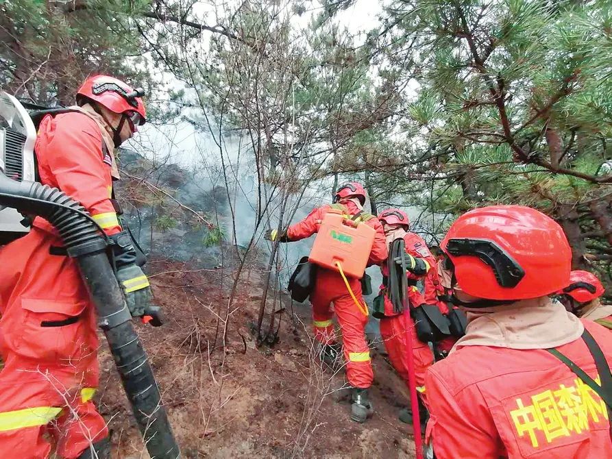 3月21日,中国森林消防队员在榆社县火场奋力扑救.(李晋华摄)