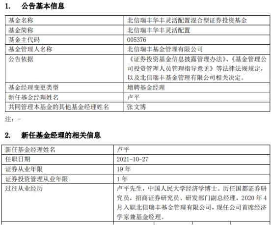 北信瑞丰华丰灵活配置增聘基金经理卢平年内涨516