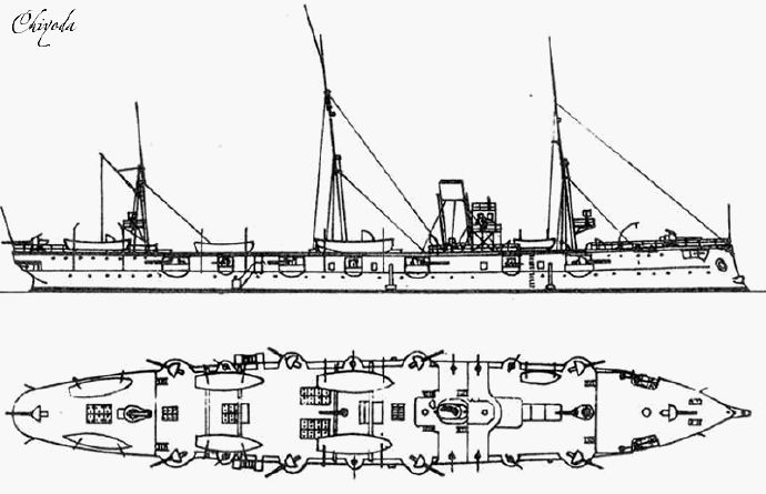 图3.装甲巡洋舰"千代田"号,注意舰体四周密布的速射炮