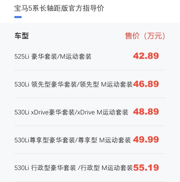 宝马5系售价/配置调整 售42.39-60.39万元