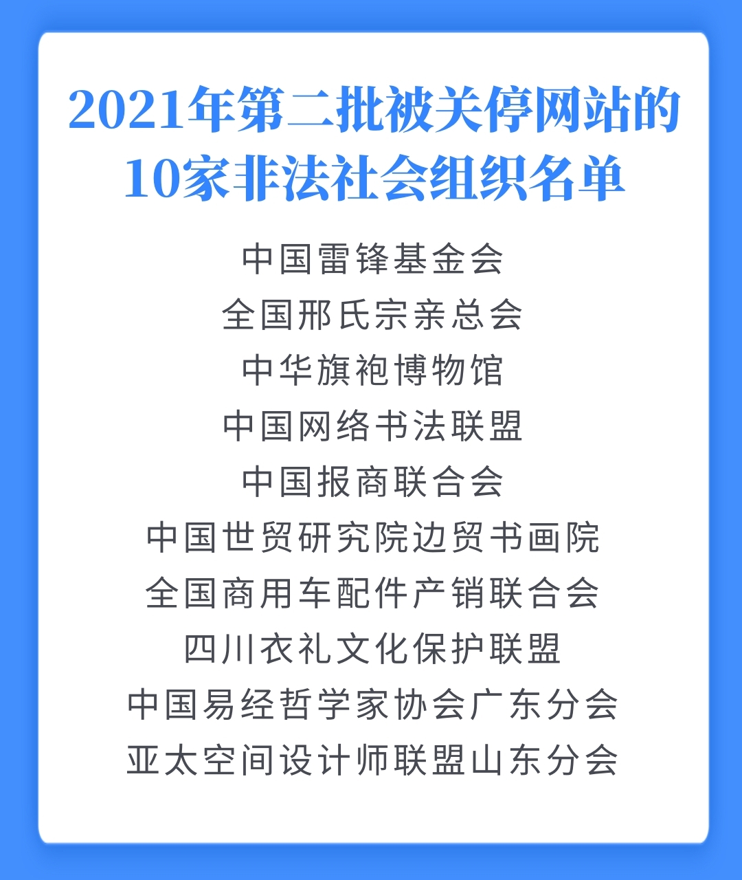 2021年第二批10家非法社会组织网站关停中国雷锋基金会等在列