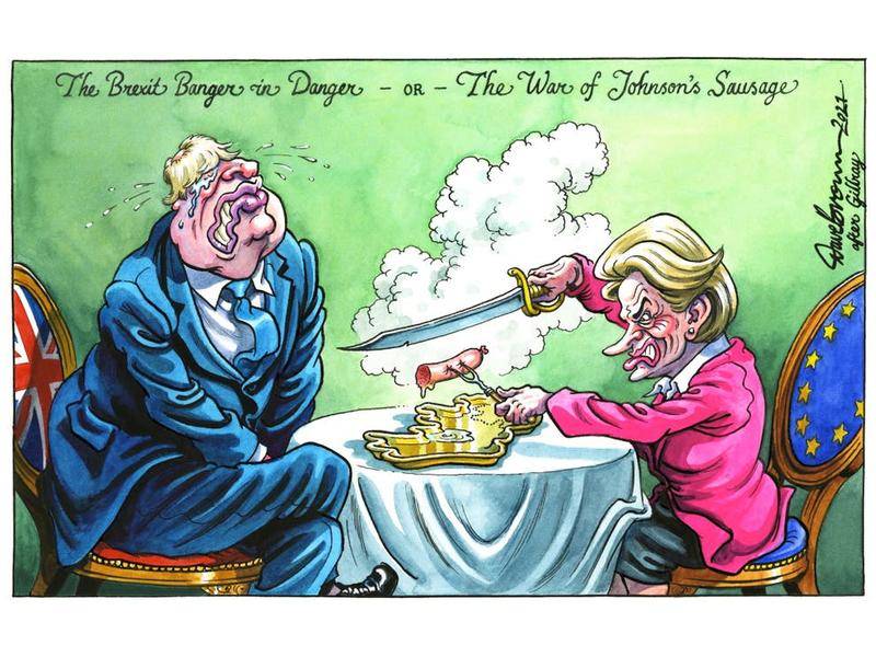 约翰逊和冯德莱恩"香肠大战"的讽刺漫画.图源:英国《独立报》