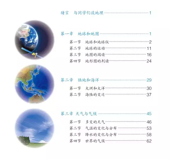 地理课本,初略介绍了地球是个球体后,就引入地球运动,地图等知识点
