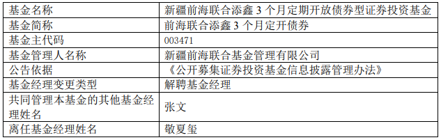 前海联合基金经理敬夏玺离任8债基 张文独自管理