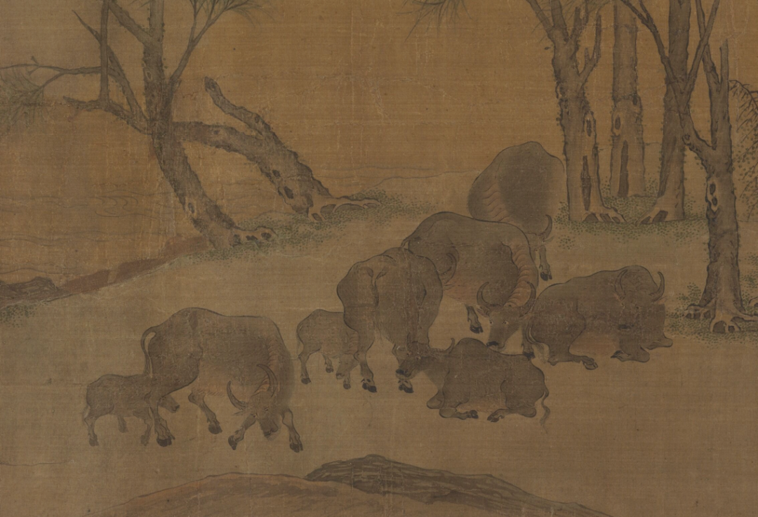 《斗牛图》以浓墨绘蹄,角,点眼目,棕毛,传神生动地绘出斗牛的肌肉张力