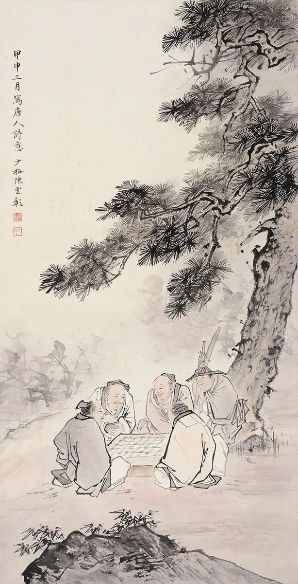 树干细长虬曲的松下,一二位士人气定神闲临溪而坐,谈论古今,清风徐来