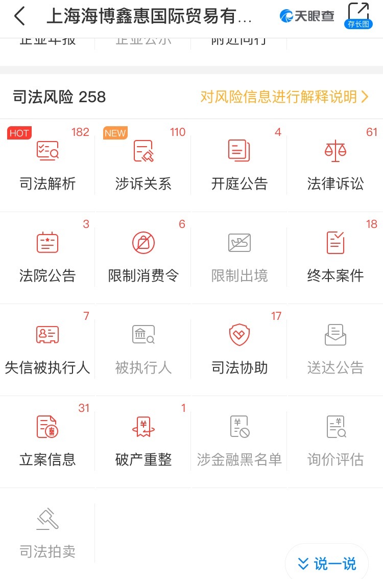 海博鑫惠公司有258项司法风险 天眼查 截图