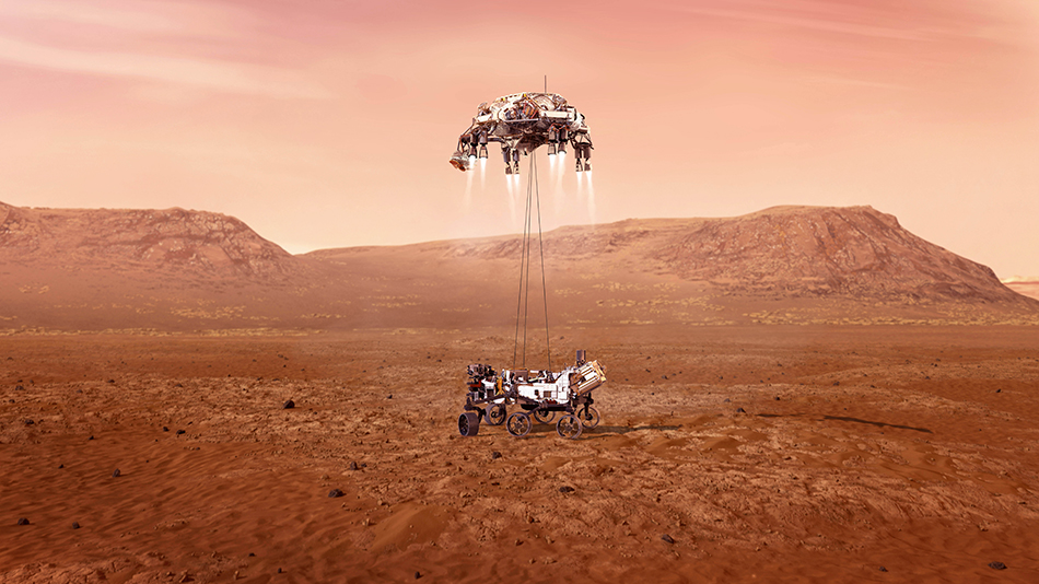 美国"毅力"号火星车在火星着陆的过程示意图.