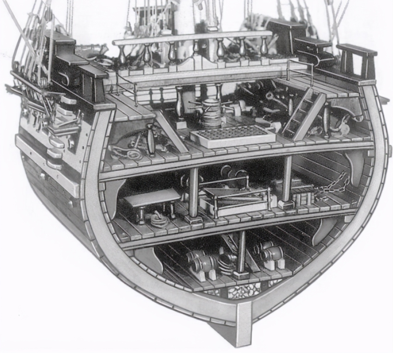 西方风帆战舰船壳为多层木板交错结构,较为坚固,战列舰的船壳甚至厚