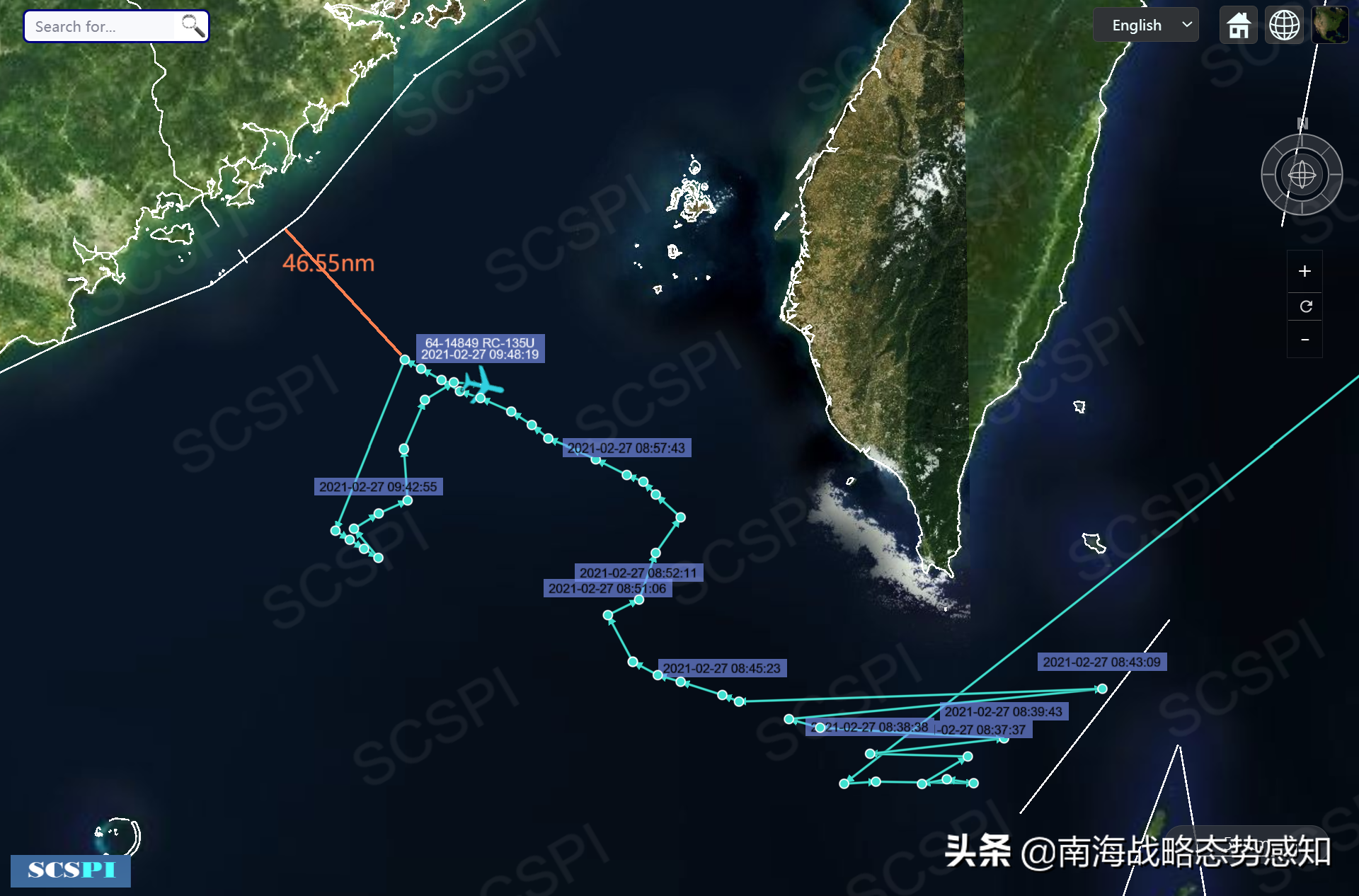 南海战略态势感知:美空军一架导弹监视机在黄,东海侦察