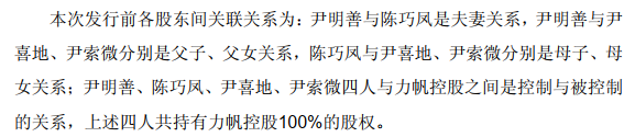 说明书显示,本次发行前各股东间关联关系为:尹明善与陈巧凤是夫妻关系