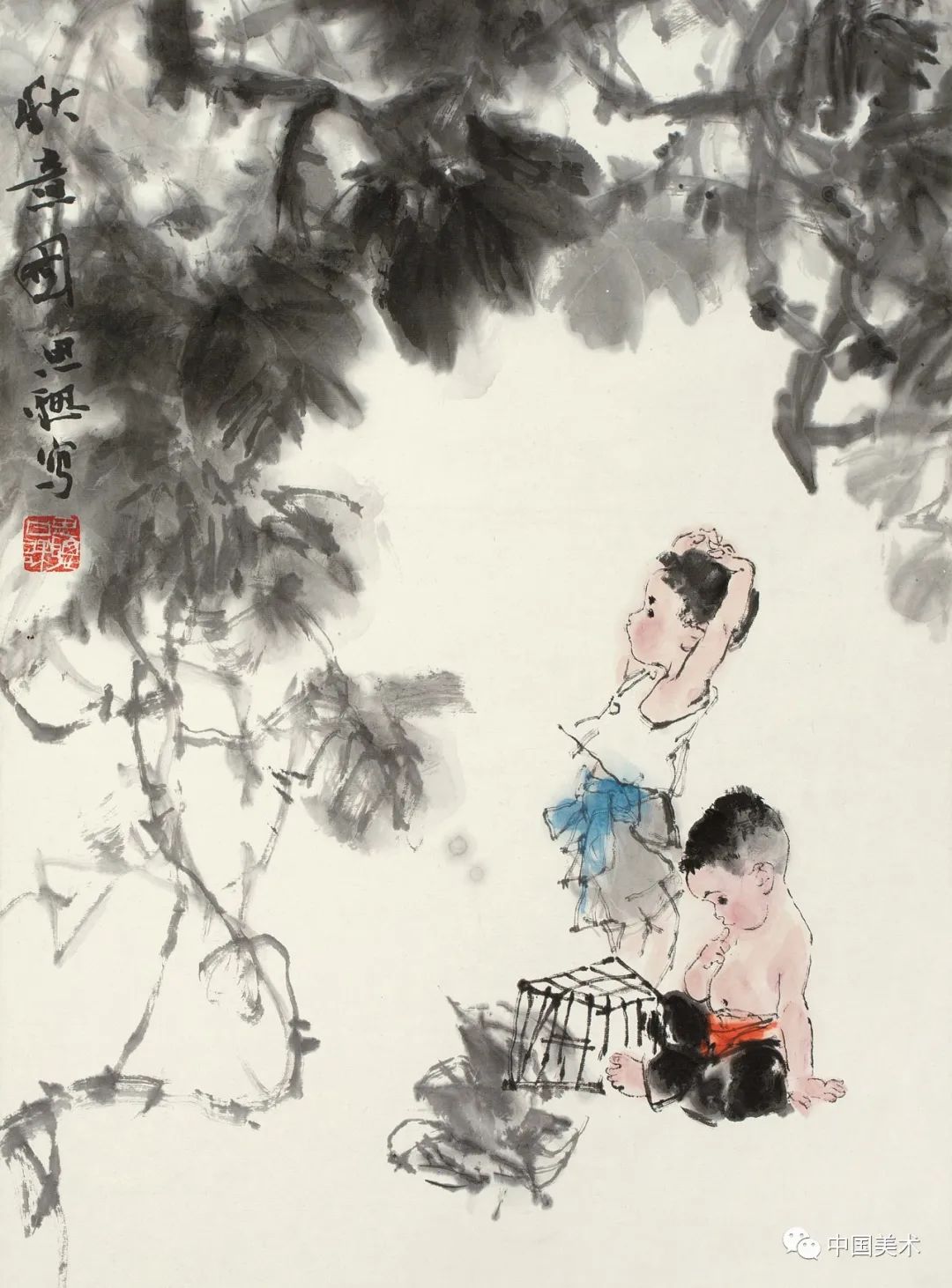 这是当代杰出的女画家周思聪画的一组趣味满满的水墨儿童画,她笔下的