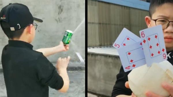 14岁男孩飞扑克扎爆易拉罐:因一部电影爱上"飞牌"