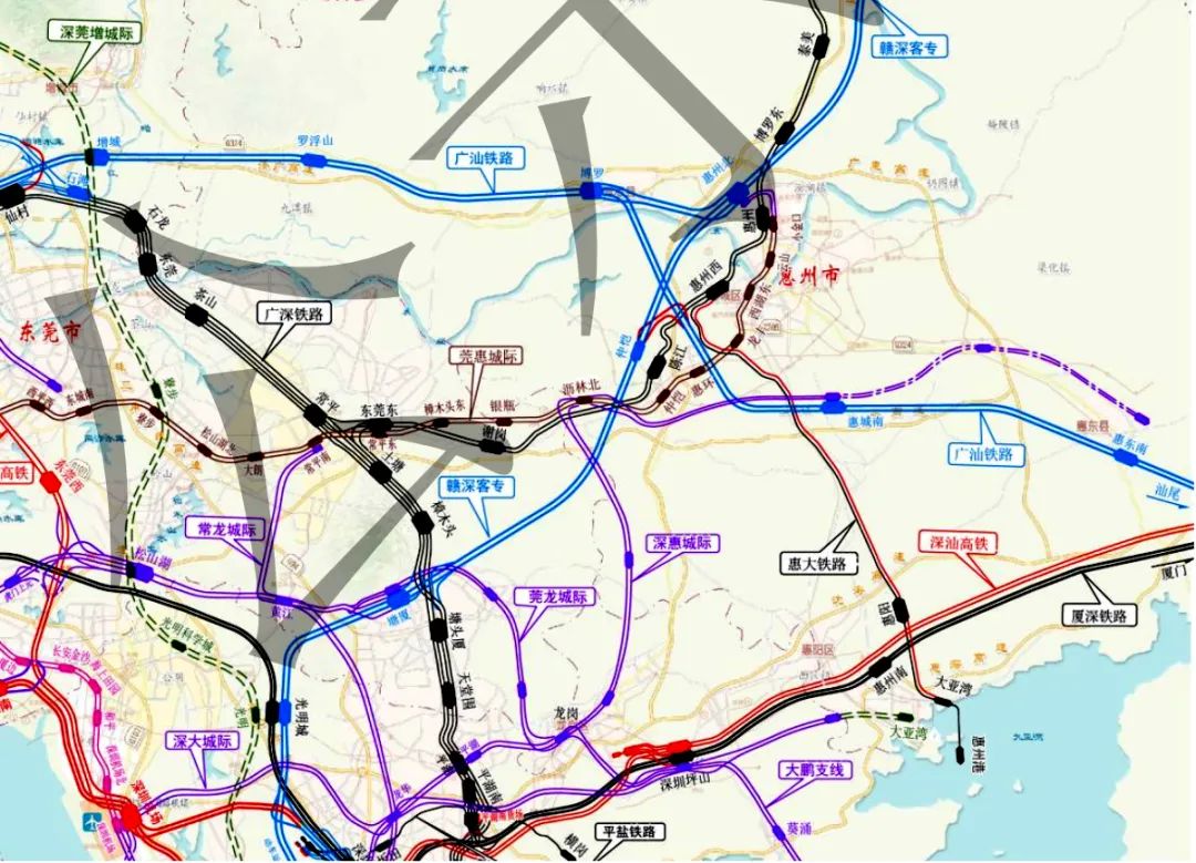 大湾区铁路枢纽总布局示意图 2 深惠城际方案:设沥林北,陈江南,镇隆