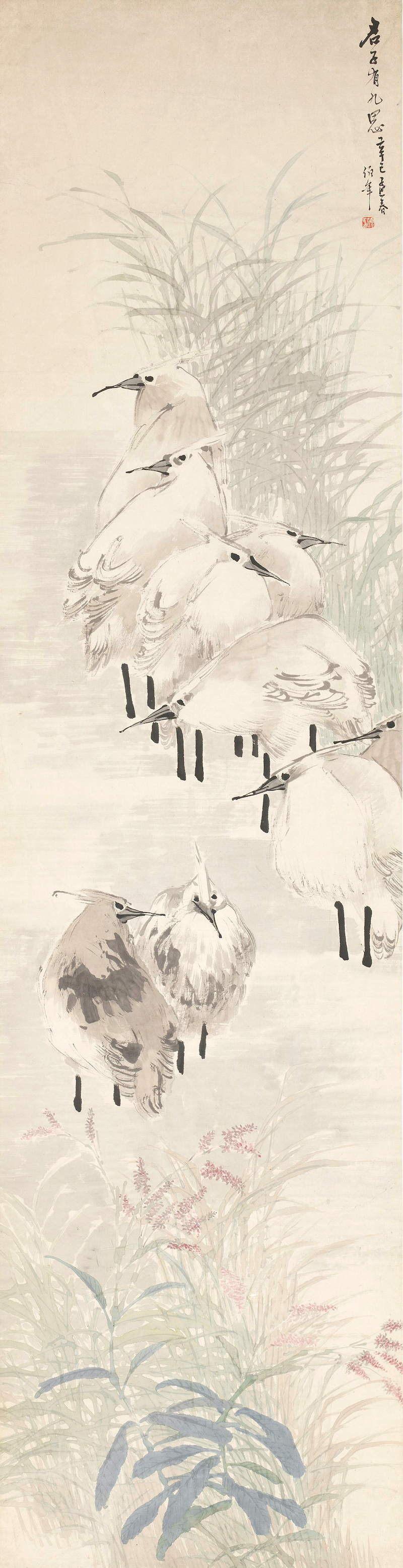 任伯年《花鸟四条屏》之四 鹭鸶水草1881 年 纸本设色 纵180 厘米 横
