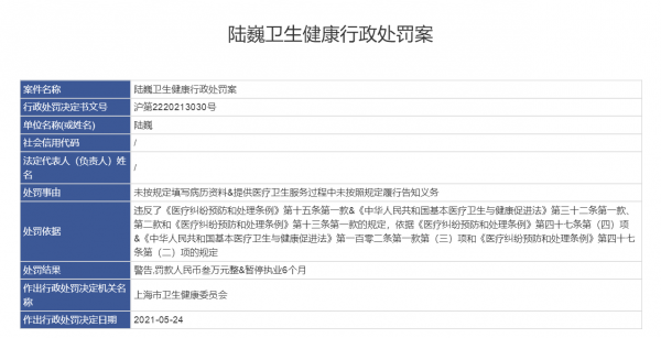 "肿瘤医生被举报事件"涉事医生被停业6个月罚款3万 陆巍回复