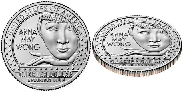 ·美国新发行的25美分硬币，上面刻有黄柳霜标志性的刘海和大眼睛。