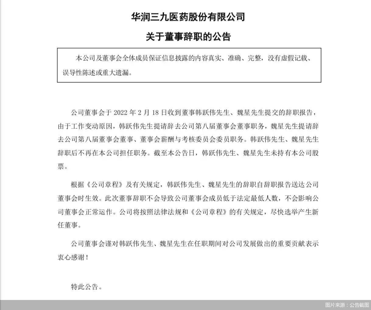 公司董事会于2022年2月18日收到董事韩跃伟,魏星提交的辞职报告,韩跃
