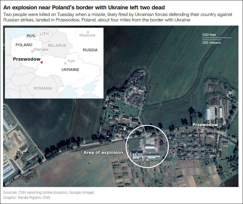 导弹在波兰境内爆炸地点。图片来源：CNN