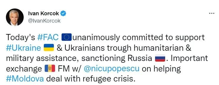 伊万·科尔科克表示支持乌克兰的推文截图