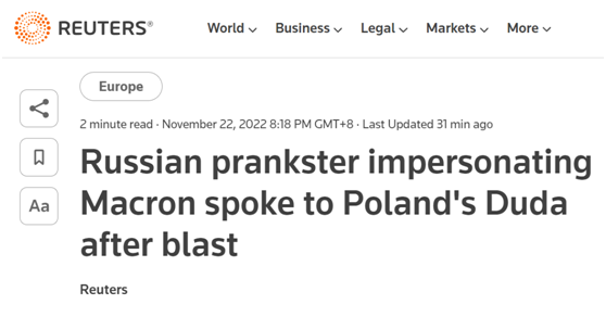 路透社：爆炸发生后，俄罗斯恶作剧者冒充马克龙与波兰总统杜达交谈