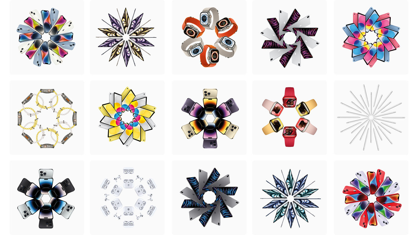 排列成雪花形状的全新 Apple 产品