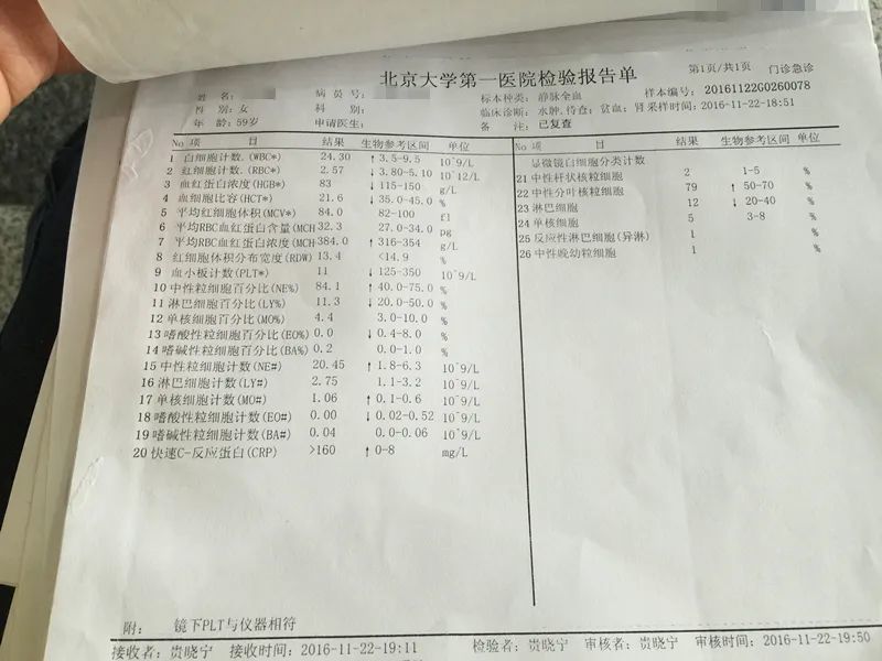 再次抽血化验,老妈的白细胞已经升到了24.3(正常 3.5~9.