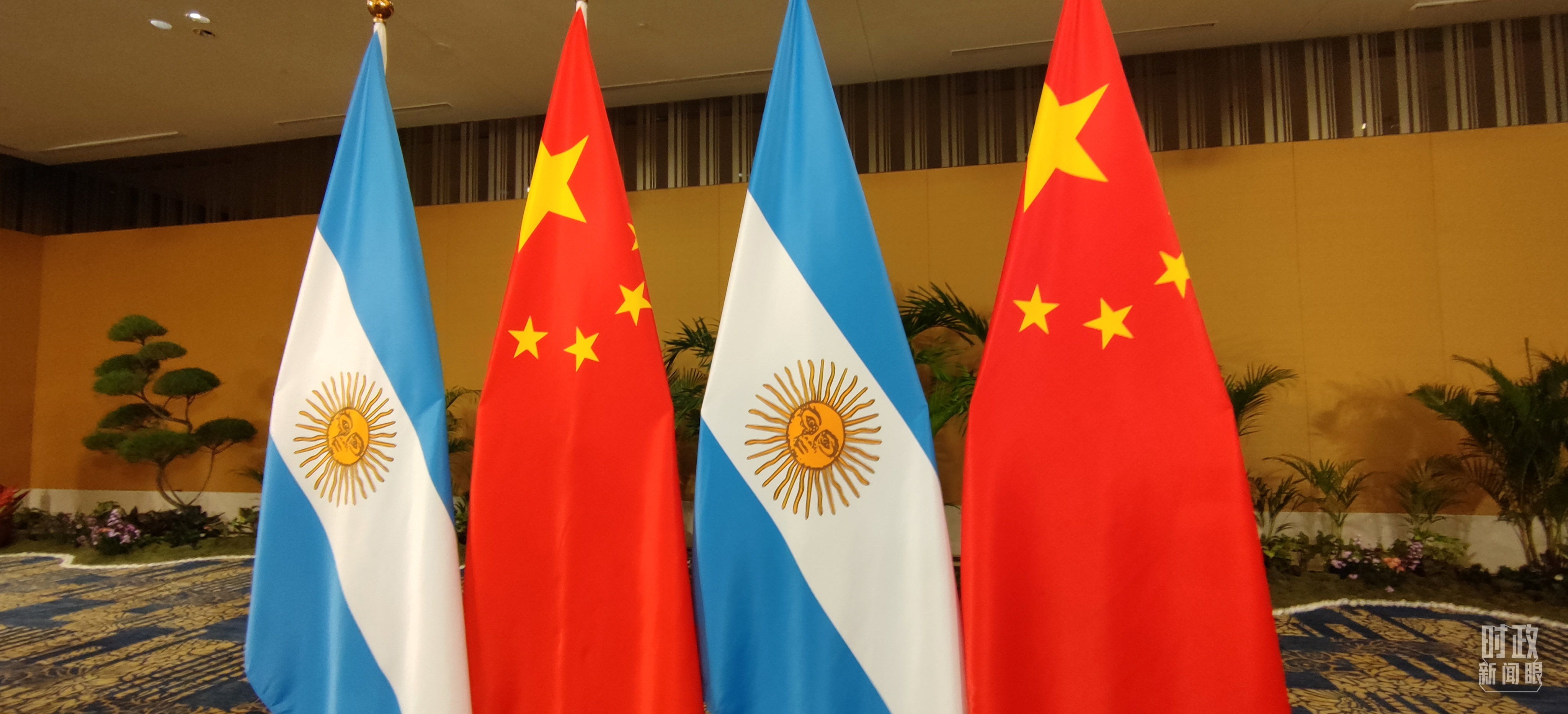 △会见现场的中国和阿根廷两国国旗。（总台央视记者耿小龙拍摄）