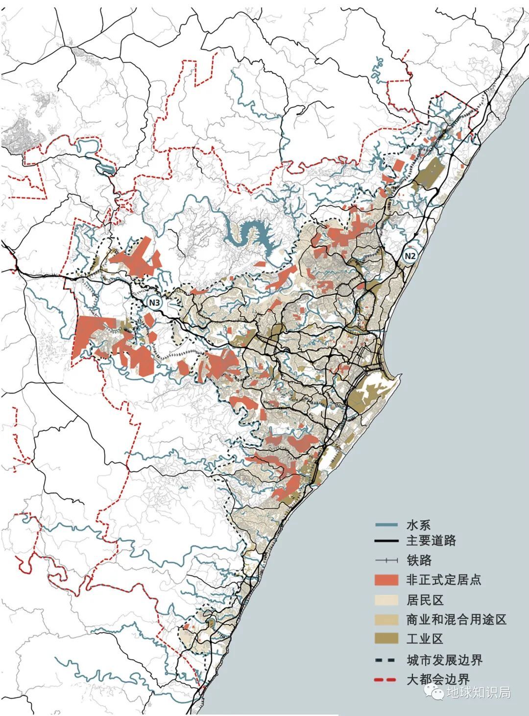 低德班的中部地区是和北部地区聚集了大部分人口,其他地区主要为农村