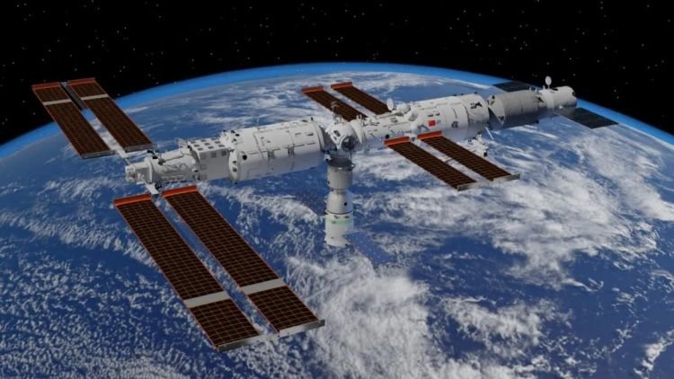 天宫空间站于2022年7月底的构型模拟图   图片来源：Shujianyang