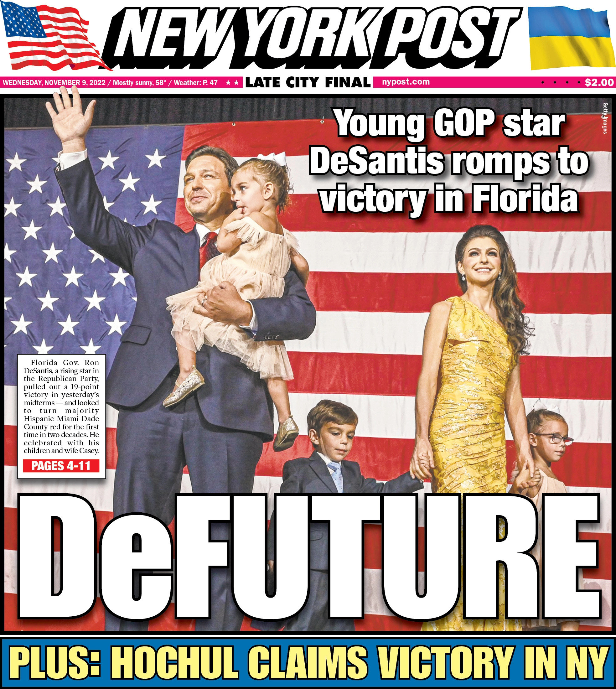 保守派媒体《纽约邮报》在头版形容德桑蒂斯为“德未来”（DeFuture）