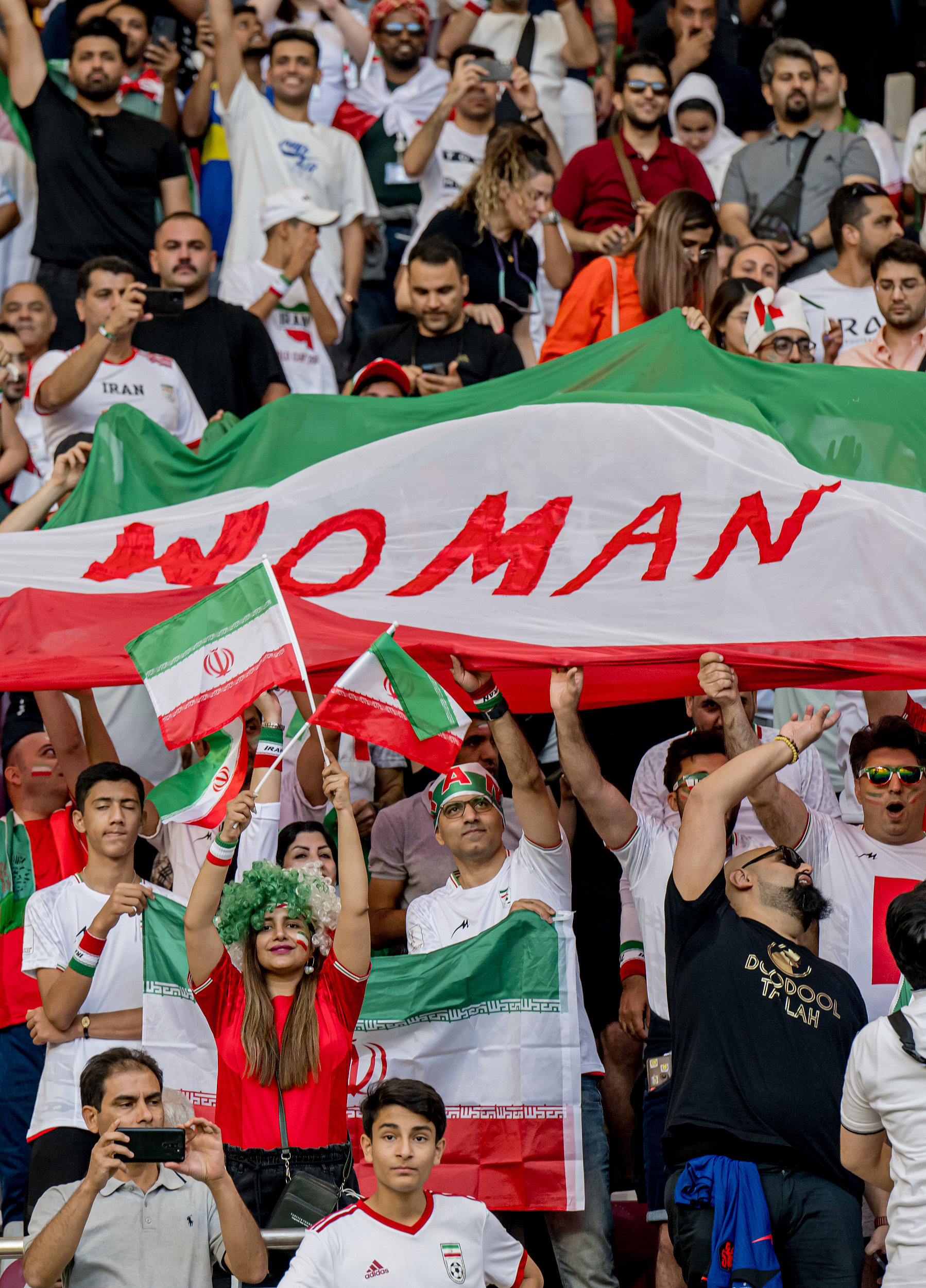 伊朗球迷挥舞着印有“妇女”字样的国旗欢呼。