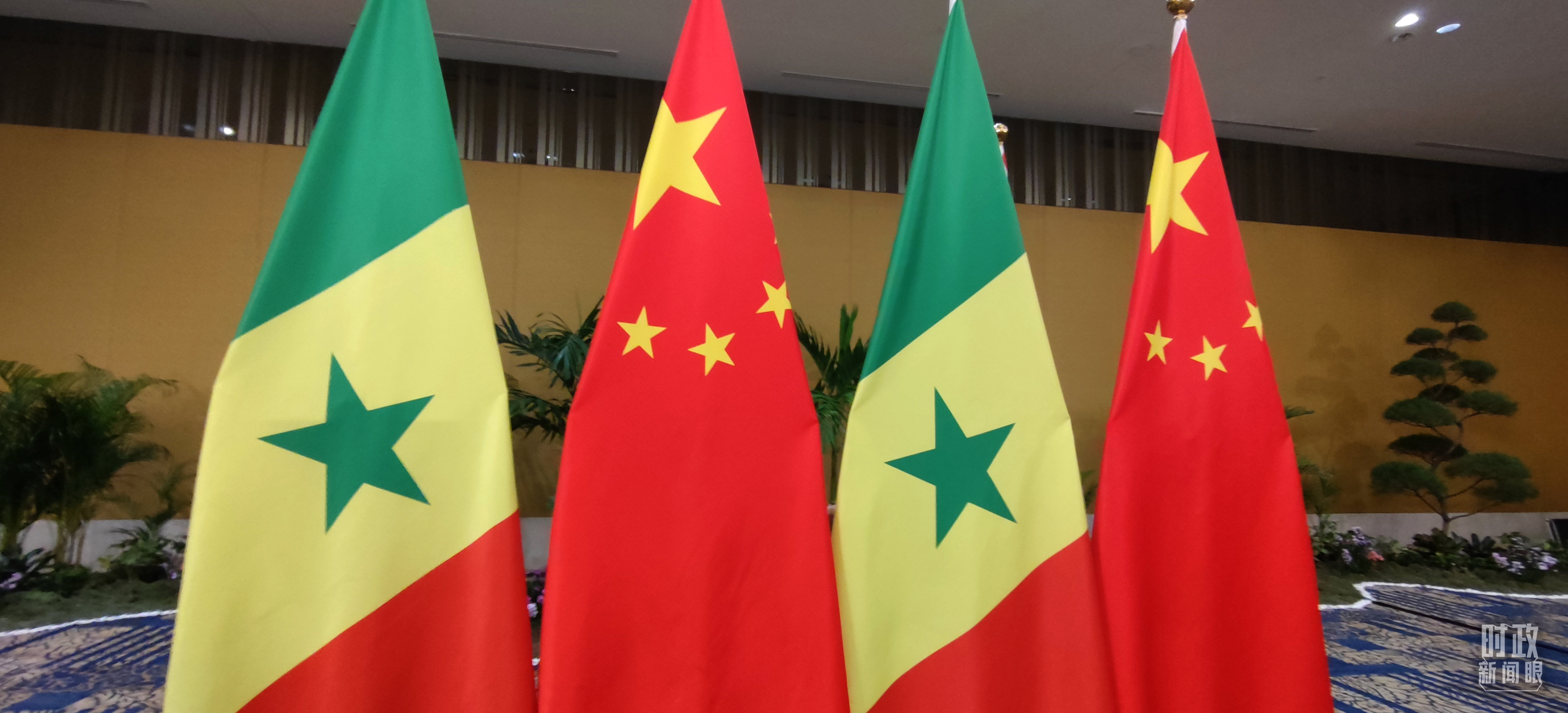 △会见现场的中国和塞内加尔两国国旗。（总台央视记者耿小龙拍摄）