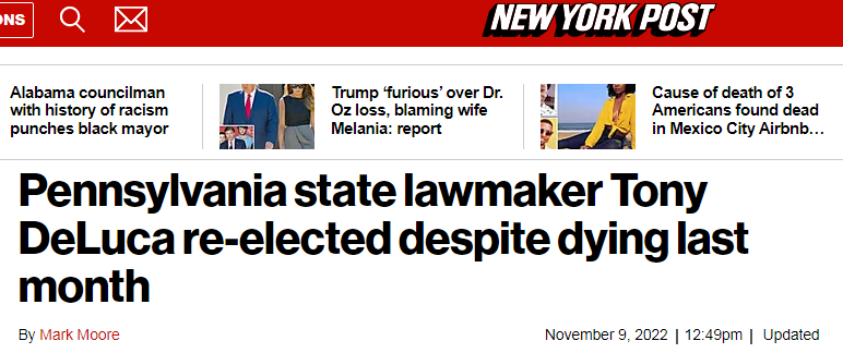 《纽约邮报》：宾夕法尼亚州议员托尼·德卢卡上个月去世，但仍连任